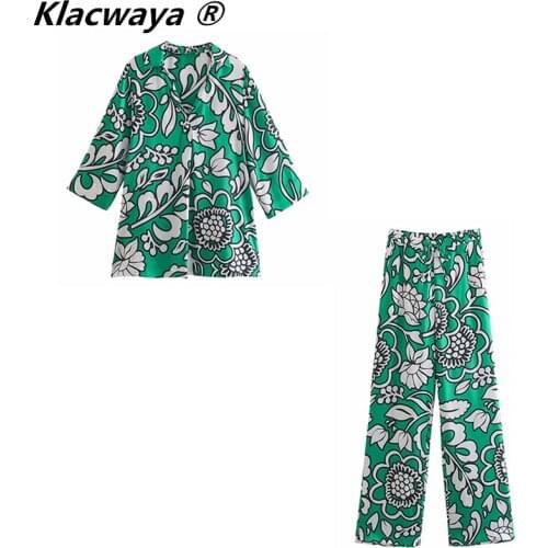 Klacwaya Woman Fashion printed Suit Vintage Green Floral Summer Blouse Female High Waist Pants Drawstring Loose Trousers Sets
