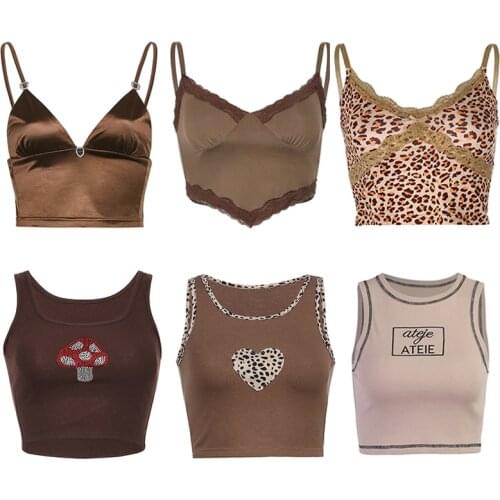 Brown Crop Top Sexy Cute Summer Short Female Spaghetti Strap 2021 New Fashion Y2K Aesthetic Casual Corset Top Womens Top