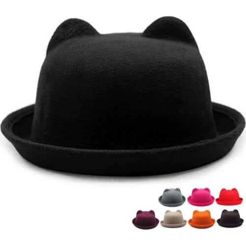 Fashion Parent-child Wool Felt Fedora Hats For Mom and Baby Girls Boys Children Solid Cat Ear Formal cap Trilby Sombrero Bowler