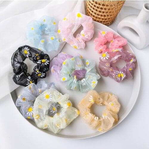 Sweet Embroidery Flowers Mesh Scrunchies Woman Daisy Flroal Hair Rope Transparent Tulle Organza Hair Ties Hair Accessories