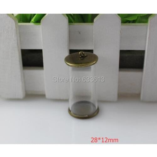 New 50sets/lot 28*12mm long tube glass globe & 12mm bronze color cover button set (no filler) glass wish bottle sweater pendants