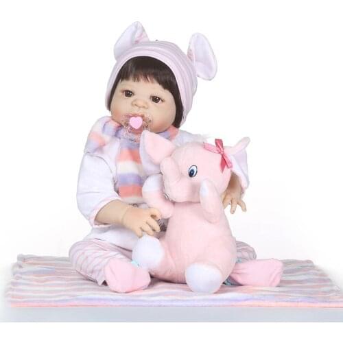 NPK Bebes reborn 57CM full body silicone reborn baby girl dolls with pink elephant plush baby newborn real dolls gift