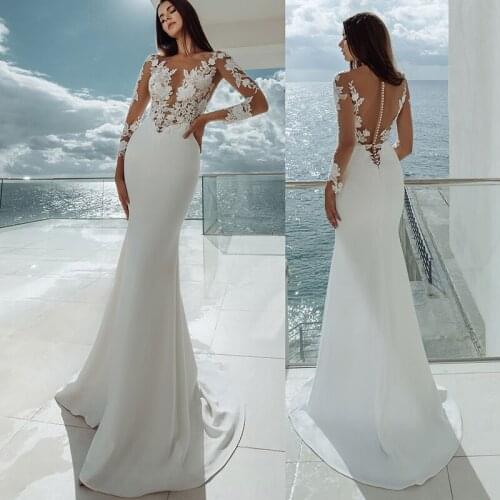 Sheer Long Sleeves Satin Mermaid Wedding Dresses 2021 Applique Sweep Train Bridal Gowns With Buttons robe longue