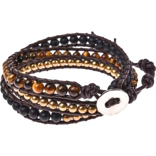 Asingeloo Genuine Leather Wrap Natural Stone Tiger Eye Beads Bracelets Bohemia Style Jewelry Adjustable
