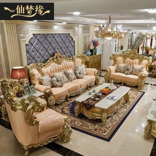 Luxury European style leather sofa, living room assembled with solid wood furniture, double-sided carved high-end villa