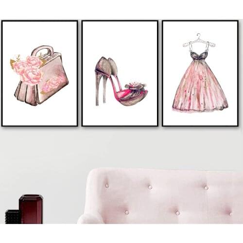 Pink Dress Fashion Art Canvas Poster Bag High Heels Print Wall Painting Beauty Salon Modern Wall Art Pictures Girls Room Decor