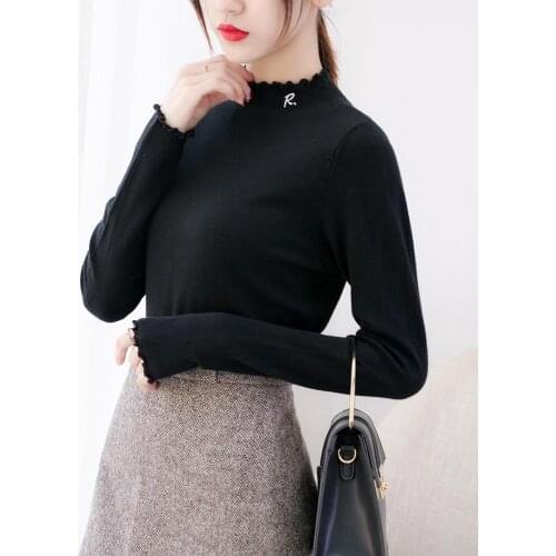 Long Sleeve Warm Slim Korean Sweaters Women Sweater Pullover Basic Rib Knitted Cotton Top Solid Turtleneck Ruffled Jumper