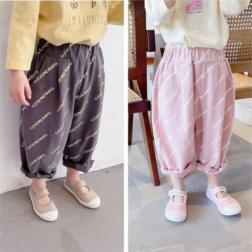 2021 Spring Baby Girls Pants Fashion Letter Print Casual Girls Harem Pants Childrens Korean Cute Cotton Soft Trousers Wholesale