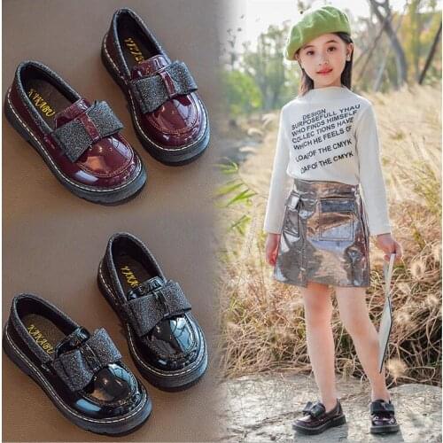 Spring children leather shoes for girls princess shoes with bow kids baby boys square head student school single shoes fashion