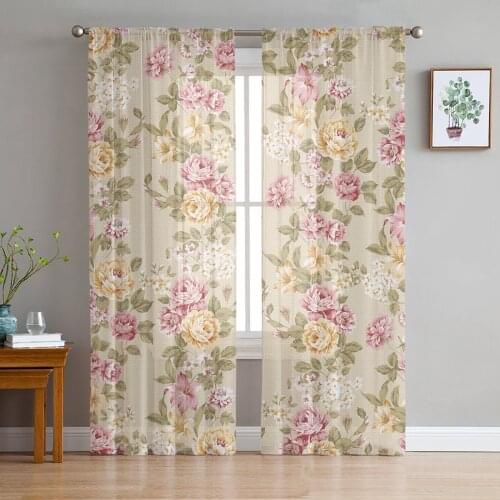 Bouquet Rose Flowers Yellow Pink Window Curtains for Living Room Kitchen Door Curtain Sheer Curtains for Bedroom