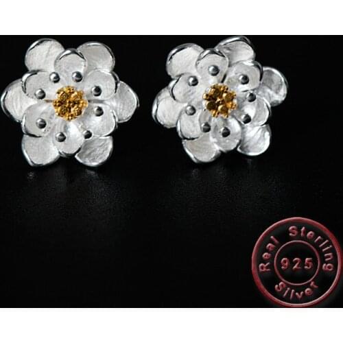 Amxiu Lotus Flower Stud Earrings 100% 925 Sterling Silver Earrings For Women Girls Graduation Birthday Party Gifts Fine Jewelry