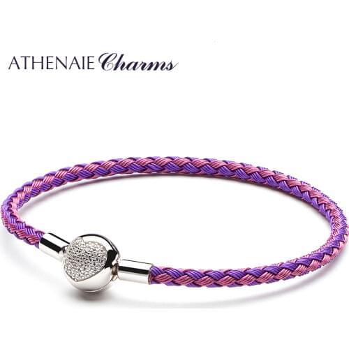 ATHENAIE Colorful Wire Purple & Pink Charms Bracelet with 925 Sterling Silver CZ Love Heart Clasp for Women Gifts Charm Beads