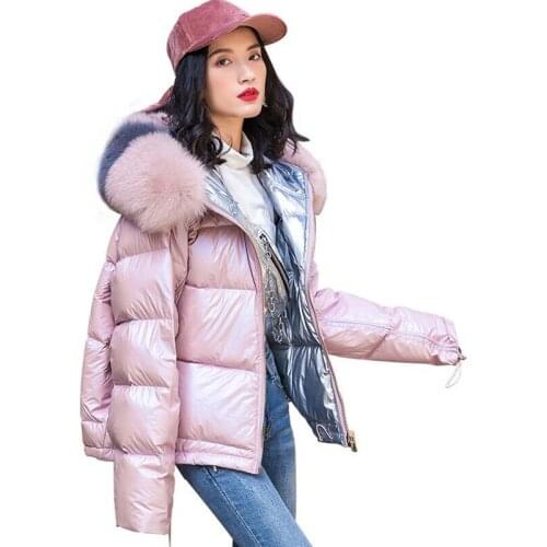 2019 Double Sided Winter Down Jacket Real Natural Fox Fur Collar White Duck Down Coat Women Loose Short Warm Parka Snow Outwear