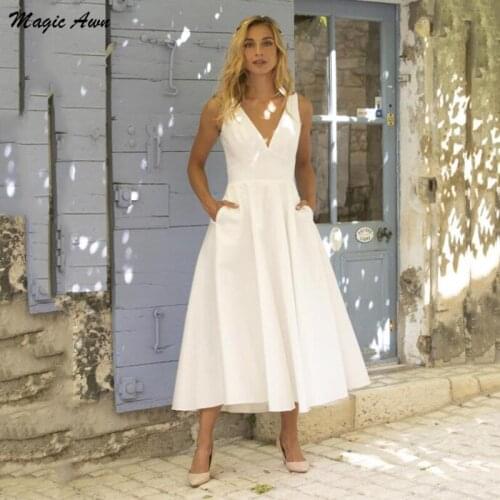Magic Awn Tea Length Satin Wedding Dresses Boho 2021 V-Neck Simple Beach A-Line Bridal Gowns With Pockets Robes De Mariage
