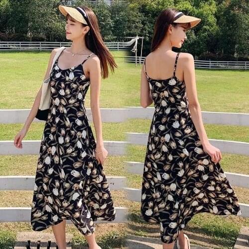 Women Floral Dress Sleeveless Casual Slim High Waist Sexy Sling Dress V-neck Midi Dress