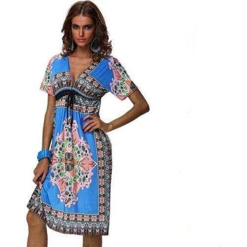 Summer women print vestido deep v neck sexy knee-length dress with open back cheap clothing plus size party dress