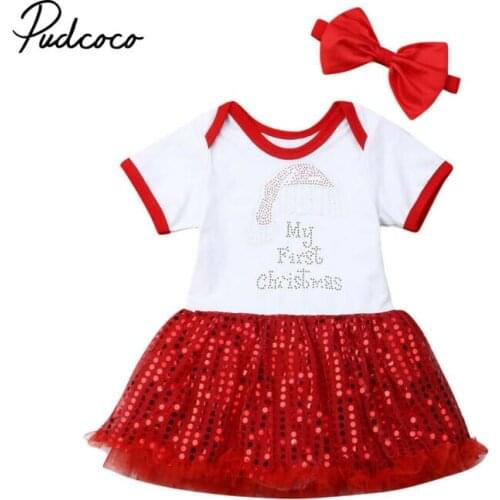 1 Years My First Christmas Newborn Toddler Baby Girls Short Sleeve Sequins Dresses+Headwear Outfits Set Clothes 2019 For Xmas
