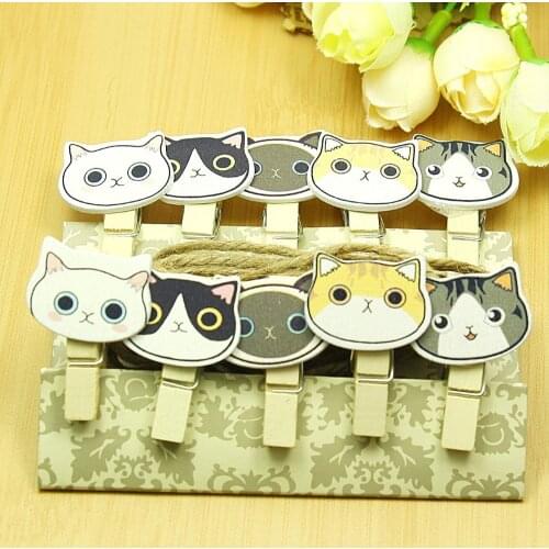 10 pcs/lot Kawaii Cartoon Cat Wooden Clip with Hemp Rope Photo paper Clothespin Craft Clips Party Decoration Clip