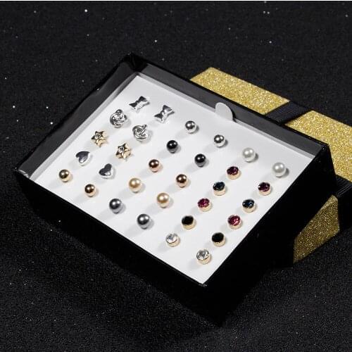 16 Pairs Mixed Colors Crystal Heart Stud Earrings Set For Women Fashion Rhinestone Simulated Pearl Earring With Box Best Gift