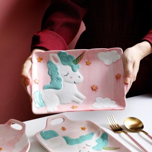 2021 Cartoon Creative Hand-painted Ceramic Dinner Unicorn Rice Bowl Spoon Plate Household Tableware