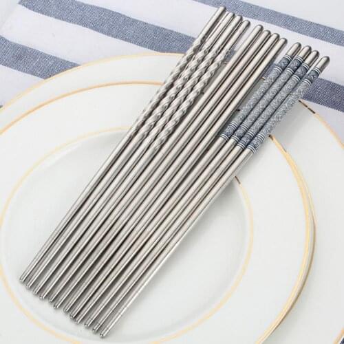 3 Pairs Stainless Steel Reusable Flower Printed Non-slip Chopsticks Tableware
