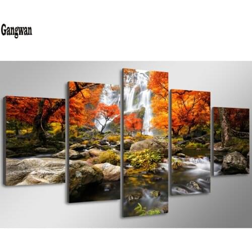 5d DIY diamond painting 5 Panel Autumn Nature Lake Forest Waterfall Landscape full diamond embroidery mosaic cross stitch decor