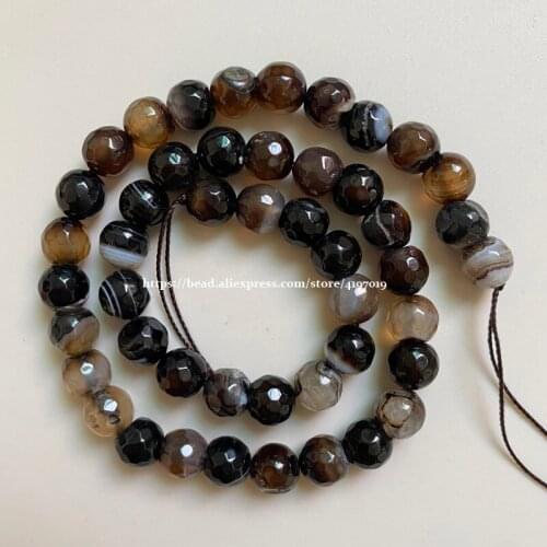 Free Shipping 15" Strand Natural Stone Faceted Brown Stripe Agates Round Beads 4 6 8 10 12MM Pick Size For Jewelry