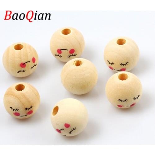 20pcs/lot Natural Wood Beads Round Cute Smiley Face Loose Spacer Beads For Jewelry Making Diy Charm Necklace Bracelet Accessory