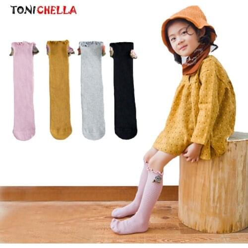 Baby Kids Girls Knee High Socks Cotton Solid Color Spring Summer Breathable With Lace Children Socks For1-12 Years Old CL5254