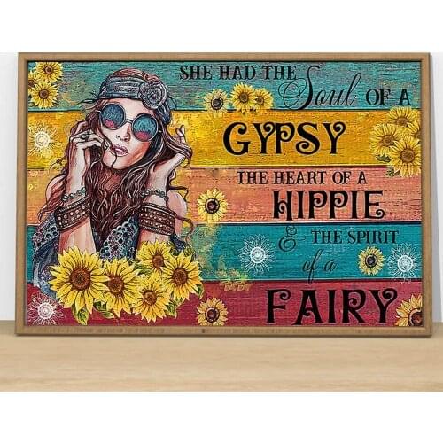 Hippie Girl She Had Soul of Gypsy Heart Of Spirit of Fairy Sunflower Wood Wall Art Hanging Poster Painting Canvas Paper Photogra