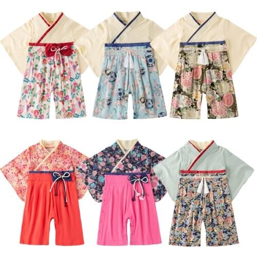Baby Girl Rompers Japanese Style Kawaii Girls Floral Print Kimono Dress for Kids costume Infant Yukata Asian Clothes