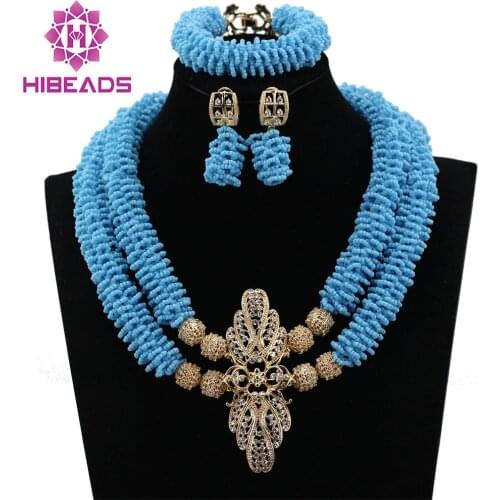 Amazing Blue Nigerian Wedding Beads Jewelry Set African Costume Jewellery Sets New for Brides Free Shipping WD039