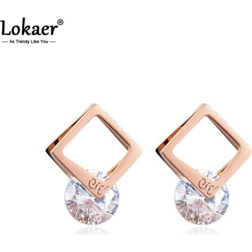 Lokaer Classic Cubic Zirconia Stud Earrings Jewelry For Women Titanium Steel Rose Gold Color Hollow Square Earrings E17040