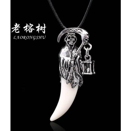 6pcs Wolf Tooth Men Necklace - Fashion Resin Wolf Tooth Alloy Wolf Head Pendant Necklace with Leather Rope Jewelry