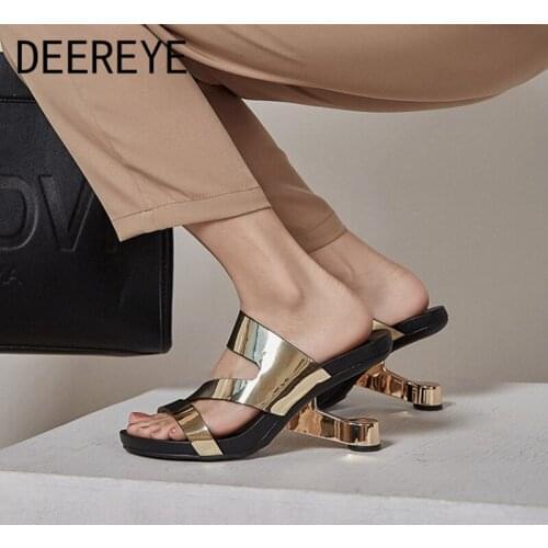Fashion Genuine Leather Strange High Heel Slip On Slippers And Mules Sandals Woman 2021 Platform Side Cut-Out Party Shoes Summer