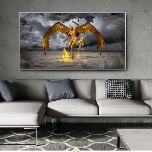 Golden Color Angel Wall Poster Modern Wing Canvas Art Prints Abstract Angel With Fire Cuadros Picture For Living Room Wall Decor