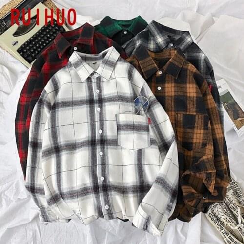 RUIHUO Long Sleeve Red Black Plaid Shirt Men Slim Fit Cotton Casual Shirts Men Clothing Fashion Brand M-3XL 2021 New Spring