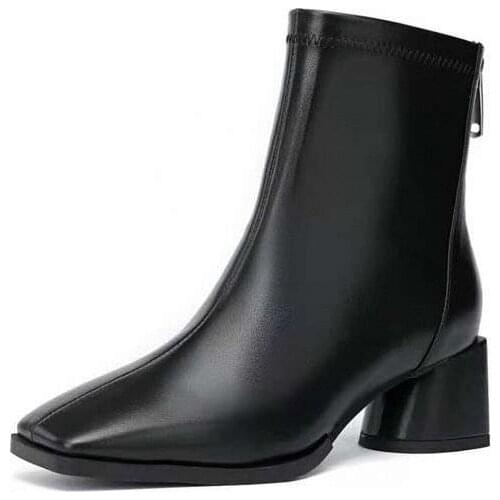 6 cm square High Heel Boots Women Office Wearing Genuine Cowhide Leather Zipper Behind Ankle Boots Fashion and Simple