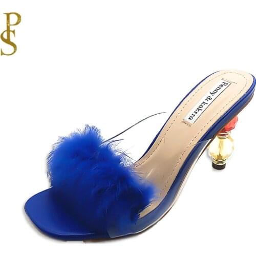 High heels shoes with colored beads for women Cute furry high heels slippers for ladies