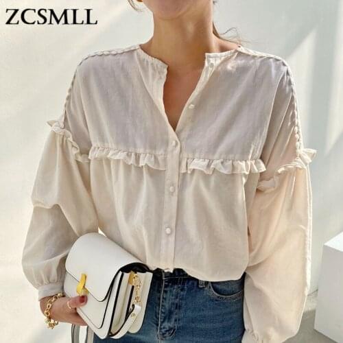 ZCSMLL Korean White Round Neck Single-breasted Pleated blouse women Stitching Loose Long-sleeved solid color Shirt female