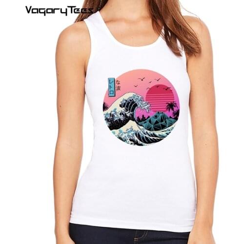The Great Retro Wave printed women o-neck tank tops sleeveless slim basic Vest novelty retro printing lady camisole