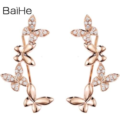 BAIHE Solid 14K Rose Gold H/SI 0.22ct Round Natural Diamonds Wedding Trendy Fine Jewelry butterfly diamond Earrings for Women