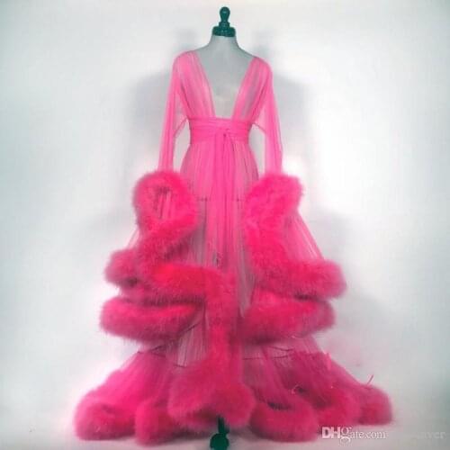 Robe De Mariée Sexy Women Bathrobe Faux Fur Sleepwear Sheer Nightgown Long Sleeve Long Robe Spa Bridal Boudoir Robe Holiday Part
