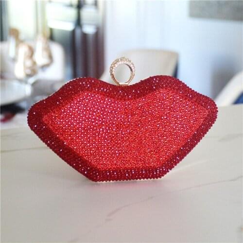 Rhinestones Red Pink Color Small Evening Bags Purse Finger Ring Diamonds Luxury Women Day Clutch Purse