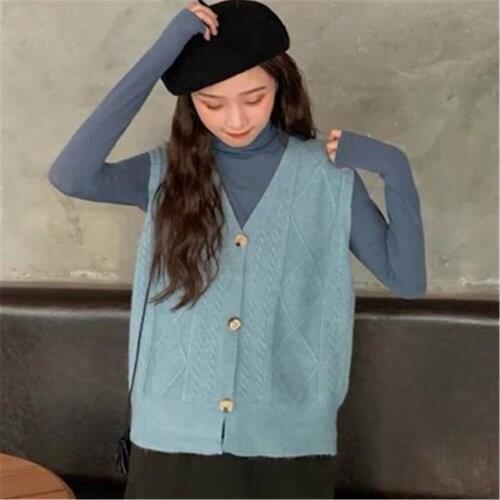 Knitwear Twist Elegant Stylish Soft Outerwear Women Solid V-neck Single Breasted Sleeveless Students Classic Warm Sweater Vests