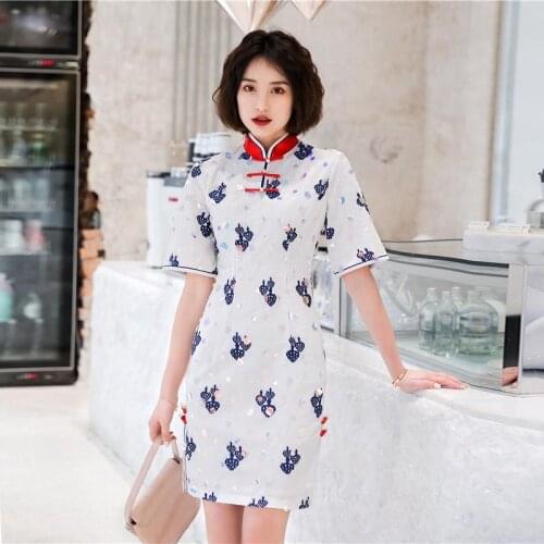2021 Spring White Lace Cheongsam Girl Cute Version Daily Short Cheongsam Chinese Style Dress Elegant Qipao Party Dresses