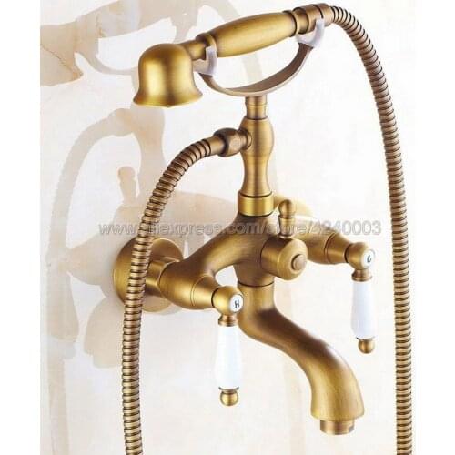 Antique Brass Bathtub Faucet Wall Mount Handheld Bath Tub Mixer System with Handshower Telephone Style Ktf315