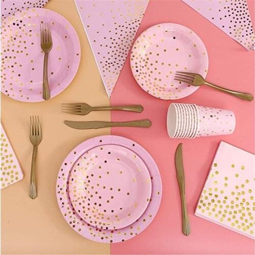 Bronzing Pink Series Girls Theme Party Birthday Plate Cup Napkin Theme Activities Weddings Celebration Disposable Tableware