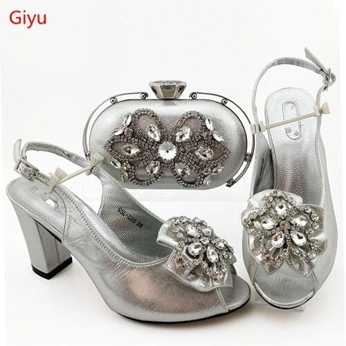 Doershow Italian Shoes with Matching Bags Italian Design silver African Nigeria Shoes and Bag Set for Parties for Women HIA1-39