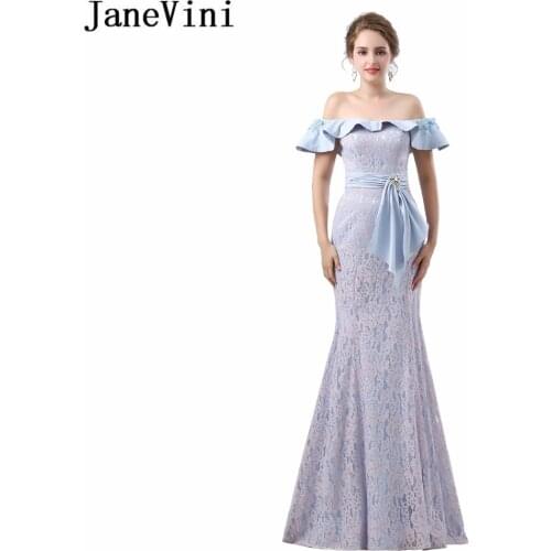 JaneVini 2018 Elegant Mermaid Lace Long Bridesmaid Dresses with Applique Crystal Boat Neck Ruffles Floor Length Prom Party Gowns